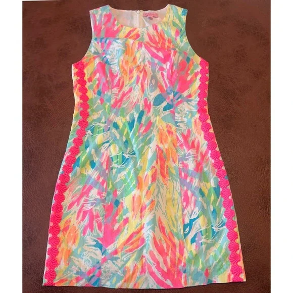 Lilly Pulitzer Shift Dress 0 Pink Blue Abstract Floral Shell Trim Sleeveless - Picture 1 of 6